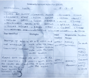 An action plan sheet for the community scorecard.