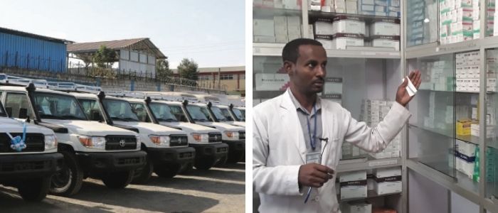 Two photos. Photo 1: ambulances. Photo 2: pharmacist.