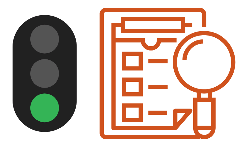 Graphic showing traffic lights and a clipboard.